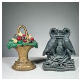 (2PC) ANTIQUE DOORSTOPS | Heavy iron door stoppers, included one in the form of a basket with fruits