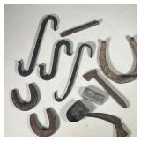 (11PC) COLLECTION: IRON & STEEL ITEMS | Includes: 3 horseshoes, 3 wrought iron hooks, a letter opene