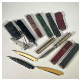 (13PC) STRAIGHT RAZORS, ANTIQUE CLIPPERS AND RÜKEN KNIFE | Includes: 9 straight razors (six with box
