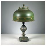 TOLE PAINTED LAMP | Green painted lamp and shade with gold trim and gold-painted stars. Dimensions: 