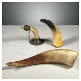 (3PC) ANTIQUE HORNS | Hollowed out antique animal horns with wooden bottoms.