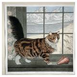 “CAT IN WINDOW” LITHOGRAPH | Original color lithograph, pencil signed and numbered, depicts orange a