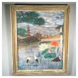 T. HORIMOTO JAPANESE PAINTING | Oil on canvas, depicts the countryside with pond, flowers, waterfall