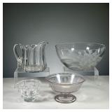 (4PC) GLASS BOWLS & PITCHER | Includes: Heisse Glass water pitcher, small Orrefors glass bowl, a lar