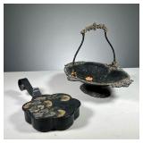 (2PC) PAINTED TOLEWARE | Includes: a floral painted tole bowl with handle and intricate border moldi