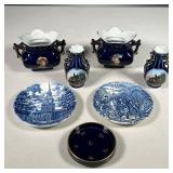 (7PC) BLUE & WHITE PORCELAIN | Small table objects, including: a pair of cobalt blue bud vases made 