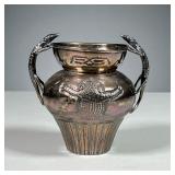 SILVER PLATED LIZARD VASE | Vase with double lizard handles and lizard carving on both sides, marked
