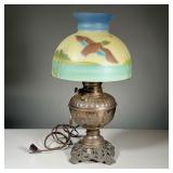 ELECTRIFIED OIL LAMP WITH PAINTED GLASS SHADE | Brass electrified oil lamp with painted glass shade 