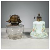 (2PC) GLASS OIL LAMPS | Small lamps, including a clear glass oil lamp and a white milk glass oil lam