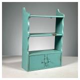 DOLL HOUSE SHELF & CABINET | Having two cabinet doors with wooden locks beneath open shelves. Dimens
