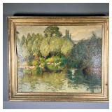 AMERICAN SCHOOL (19TH/20TH CENTURY) | waterside landscape oil on canvas showing green trees and shor