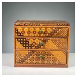 CHINESE PARQUETRY & JADE BOX | Intricately inlaid marquetry in various patterns with contrasting woo