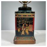 CHINESE TEA CANISTER LAMP | Tin tea cannister mounted as a lamp decorated with traditionally dressed