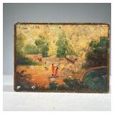 PAINTED TIN BOX | Antique tole painted box decorated with a scene of a couple in a park setting on l