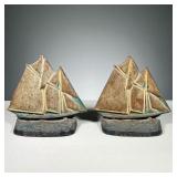 (2PC) IRON SAILBOAT BOOKENDS | Cast iron painted sailboats titled “Bluenose” stamped Canada on back.