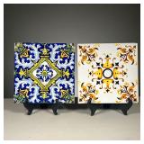 (2PC) SPANISH CERAMIC TILES | Faience pottery tiles, one with incised mark on bottom, the other with