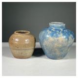 (2PC) AMERICAN ART POTTERY VASES | Two handmade ovoid vases, including a blue glazed vase with deep 