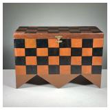 PAINTED COVERED BOX | Red and black checkered box with a hinged lid and shaped bottom, hand painted 
