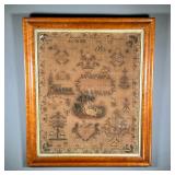 19TH CENTURY NEEDLEPOINT | Decorated with a church, intricate nature scene with a woman and dog, Ada