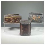 (3PC) BISCUIT & TEA TINS | Featuring tea tin in the shape of a knife box, one faux tortoise shell, a