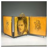TRIPTYCH MIRROR | three-part folding mirror with beveled glass on interior, with woman painted on gl
