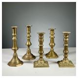 (5PC) BRASS CANDLESTICKS | Includes 2 different pairs of candlesticks, 1 pair with push-ups, 1 pair 