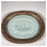 COPPER AND GLASS PLATTER | Etched glass plate depicting a farm and windmill with copper border depic