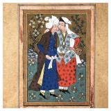 ANTIQUE PERSIAN ILLUSTRATION | Showing two figures in a garden, with gilt highlights - 5.5 x 4 in. (
