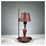 EARLY AMERICAN TOLE LAMP | 19th Century Tole lamp with amber bulb with adjustable height shade.