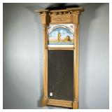 ANTIQUE REVERSE PAINTED MIRROR | Featuring painted glass frame with gilt farmhouse and wreath relief