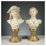 (2PC) PAIR OF PAINTED BUSTS | Featuring man and woman pair with gold and green necklace and earring 
