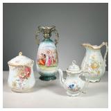 (4PC) PORCELAIN ITEMS | Includes: Victoria Carlsbad Austrain vase with women and cupid design, Bavar