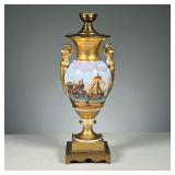 PAINTED PORCELAIN VASE | Intricately hand painted porcelain vase lamp decorated with a harborscape a