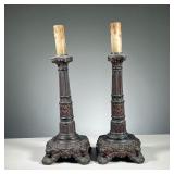 (2PC) PAIR OF PAINTED CAST IRON LAMPS | Red painted cast iron lamps electrified with cardboard candl