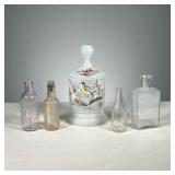 (5PC) SMALL GLASS BOTTLES & CONTAINER | Includes: milk glass container painted with flowers & birds,