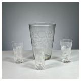 (4PC) BLOWL GLASS VASE & CUT GLASS DRINKING GLASSES | Featuring hand-blown glass vase with etched pa