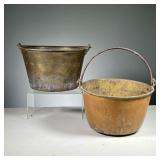 (2PC) ANTIQUE PAILS | Hammered brass or other metal buckets with bail handles, the larger one marked