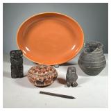 (6PC) EARTHENWARE & WOOD CARVINGS | Includes: Earthenware figuring & small vase, wooden carved totem