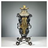 ANTIQUE BANQUET OIL LAMP ELECTRIFIED | Electrified brass banquet lamp with wrought iron frame and le