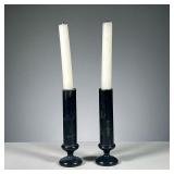 (2PC) PAIR OF BLACK PAPIER MACHE CANDLESTICKS WITH CANDLES | Papier-Mache candlesticks painted black