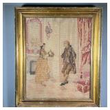 NEEDLEWORK PANEL | French style needlework depicting man and woman in an interior scene, gilt frame 