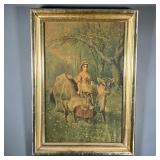 H. HALLETT & CO PRINT | Color print of a young farm girl in field with wildflowers and cows, H. Hall