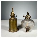 (2PC) OIL LAMPS | Including a brass oil lamp with engraving “Lampe Pigeon” and a lass oil lamp with 