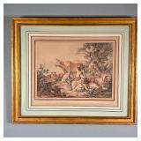 J.B. HUET COLORED ENGRAVING | 19th century French color engraving showing a woman and various farm a