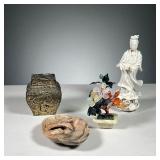 (4PC) CHINESE DECOR | Decorative objects including a blanc de chine quan yin figure (h. 7 in.), a ca