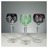 (3PC) COLOR HOCK GLASSES | Cut glass and colored, including 2 red wine glasses, cut and etched with 