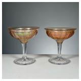 (2PC) IRRIDESCENT CHAMPAGNE GLASSES | Orange colored, cut glass, champagne or cocktail glasses Dimen