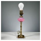 PINK VENETIAN GLASS LAMP | Pink Venetian glass oil table lamp with brass base, electrified. Dimensio