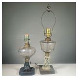 (2PC) GLASS OIL LAMPS | Two oil lamps, now electrified, including a glass oil lamp with cast painted