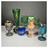 (8PC) MISC. COLOR GLASS | Including an etched and gilded emerald green vase circa late 19th century 